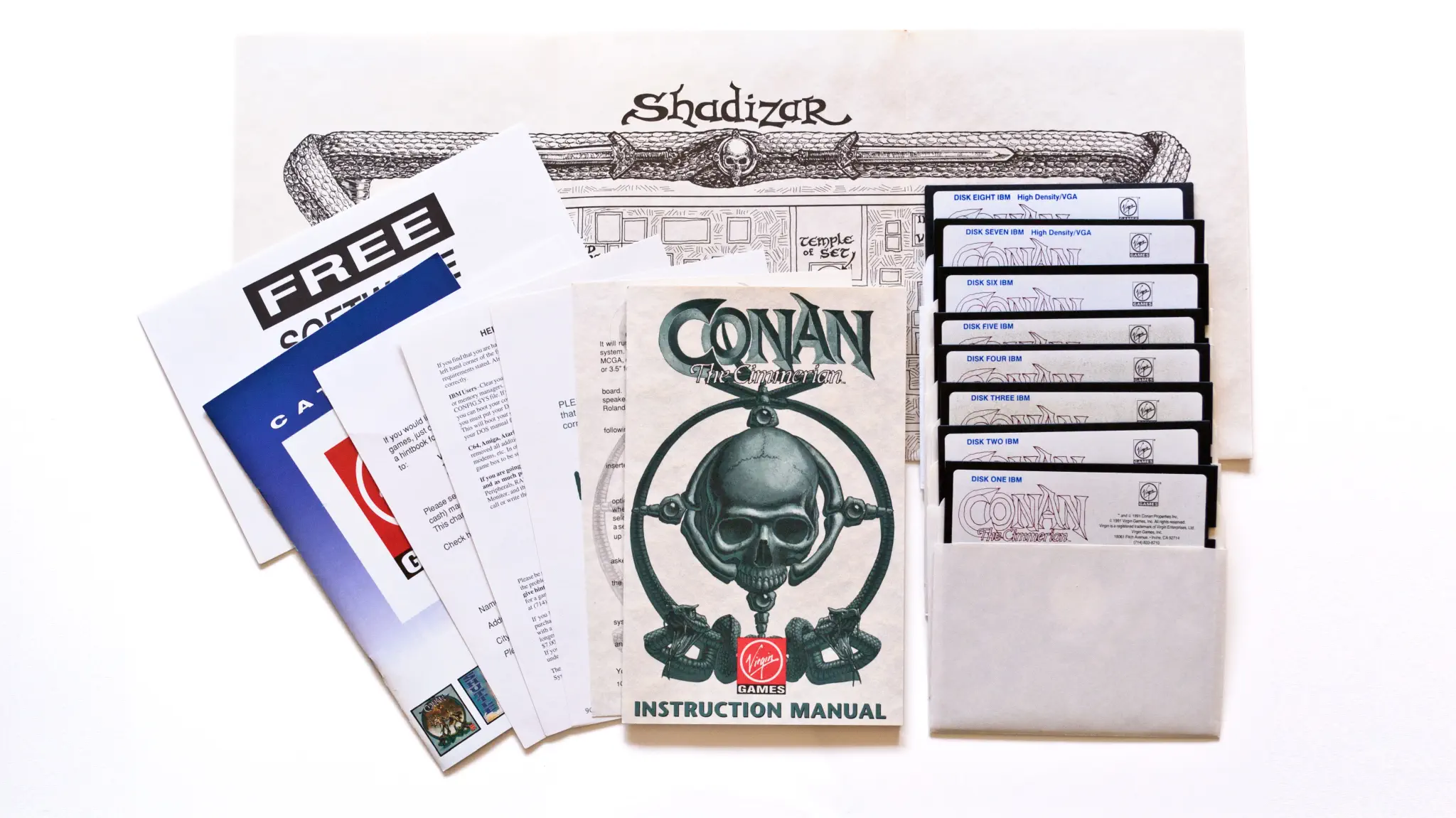 Photo of the content of Conan: The Cimmerian (1991, PC, US) Photo of the content of Conan: The Cimmerian (1991, PC, US); developed by Synergistic Software, Inc., published by Virgin Games, Inc.; Hi-res 3D box available at https://bigboxcollection.com