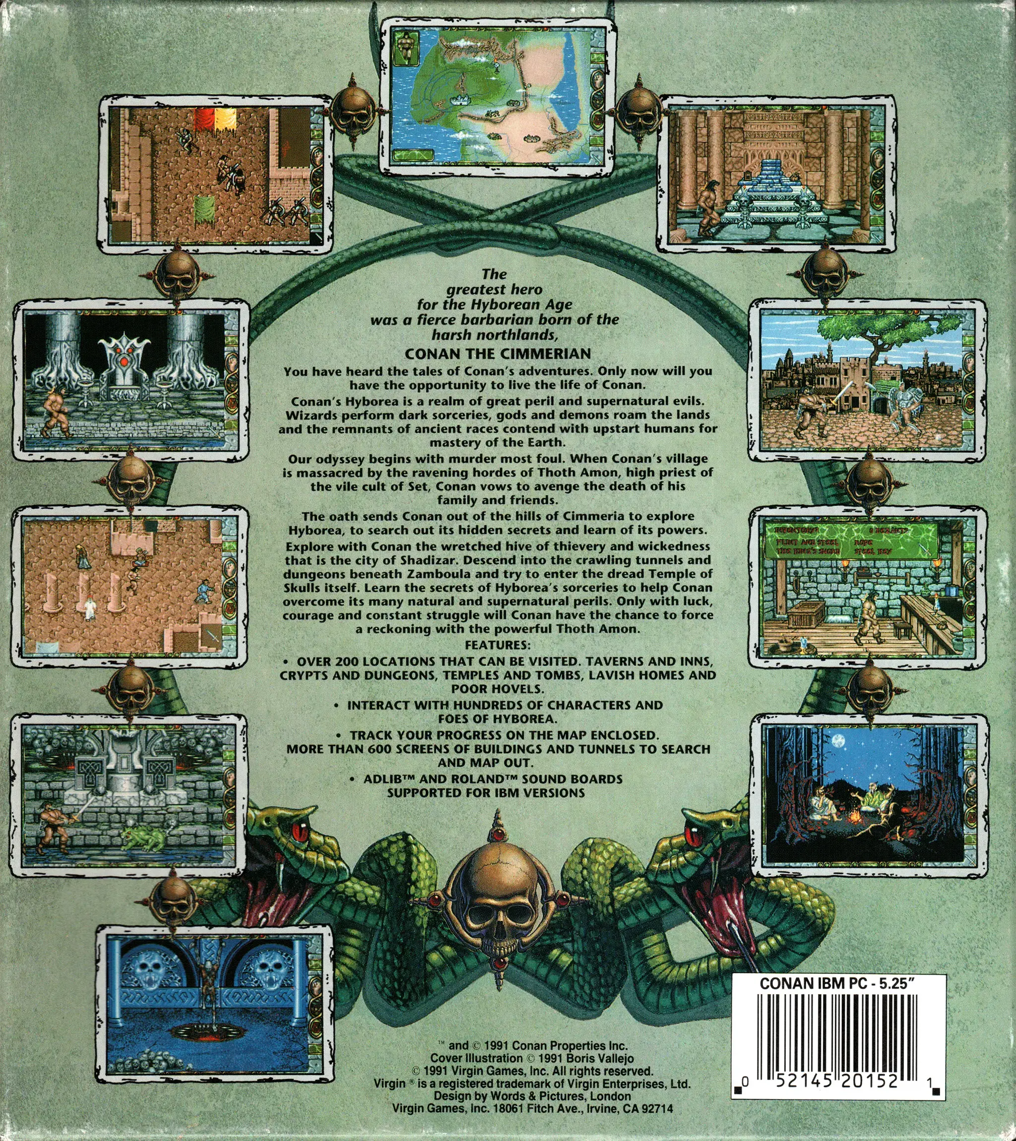 Hi-res scan of the back cover artwork of Conan: The Cimmerian (1991, PC, US); developed by , published by ; Hi-res 3D box available at https://bigboxcollection.com